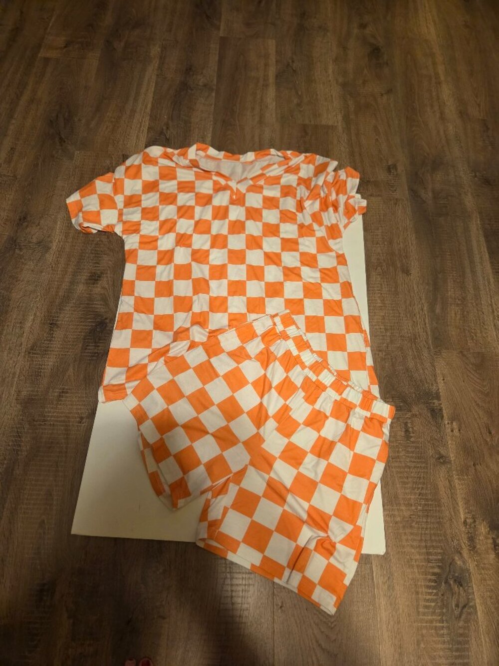Orange Checkerboard Print V-Neck Loose Tee and Shorts Lounge Set - Size XL